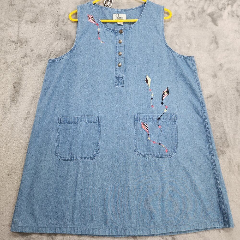 Vintage CJ Banks Dress Womens 18W Blue Denim Embroidered Kites Patriotic Jumper